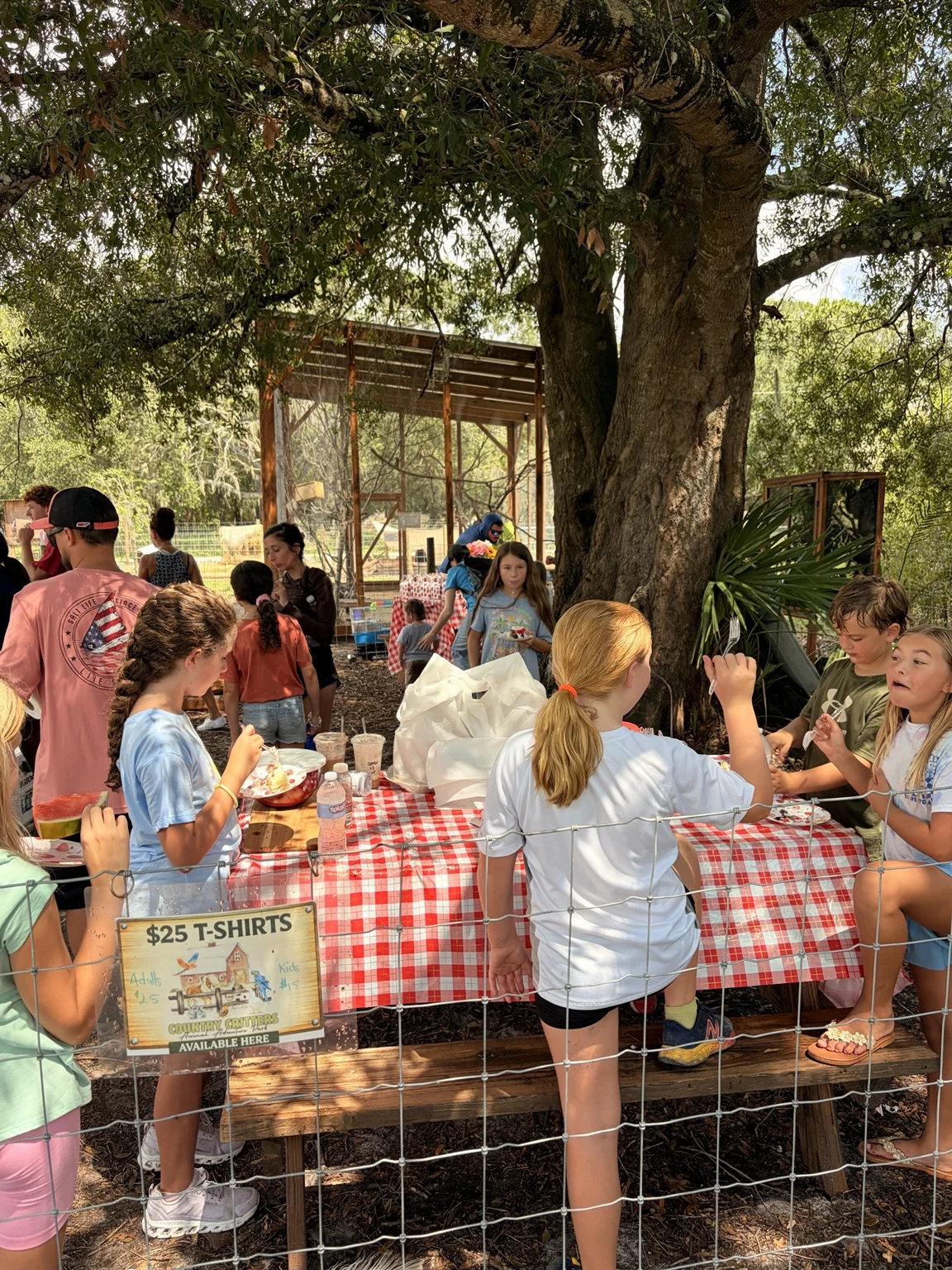 Children celebrating together at picnic tables under the oak tree at Country Critters