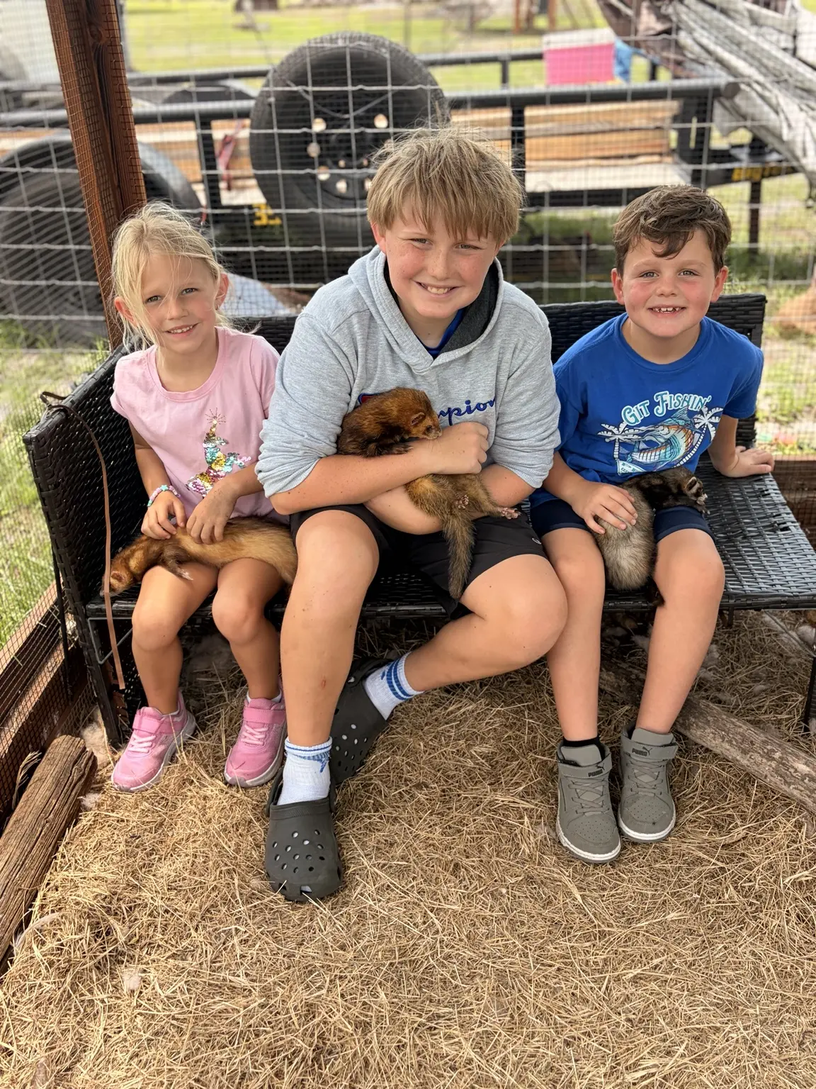 Three children sitting together during a farm visit